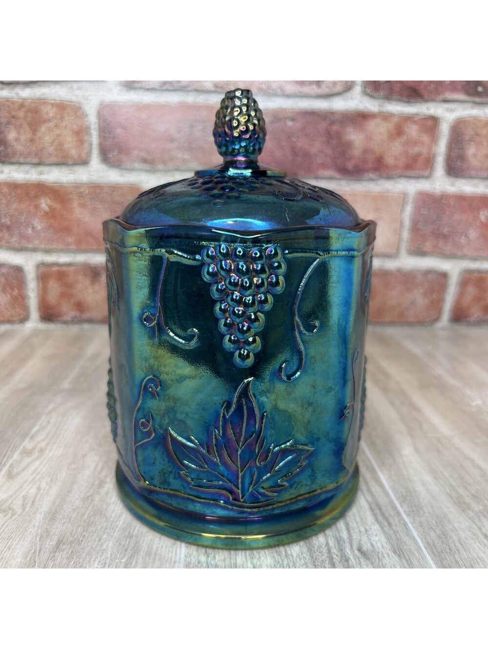 MCM Vintage Indiana Blue Carnival Glass Lidded Biscuit Cookie Jar Grapes & Vines